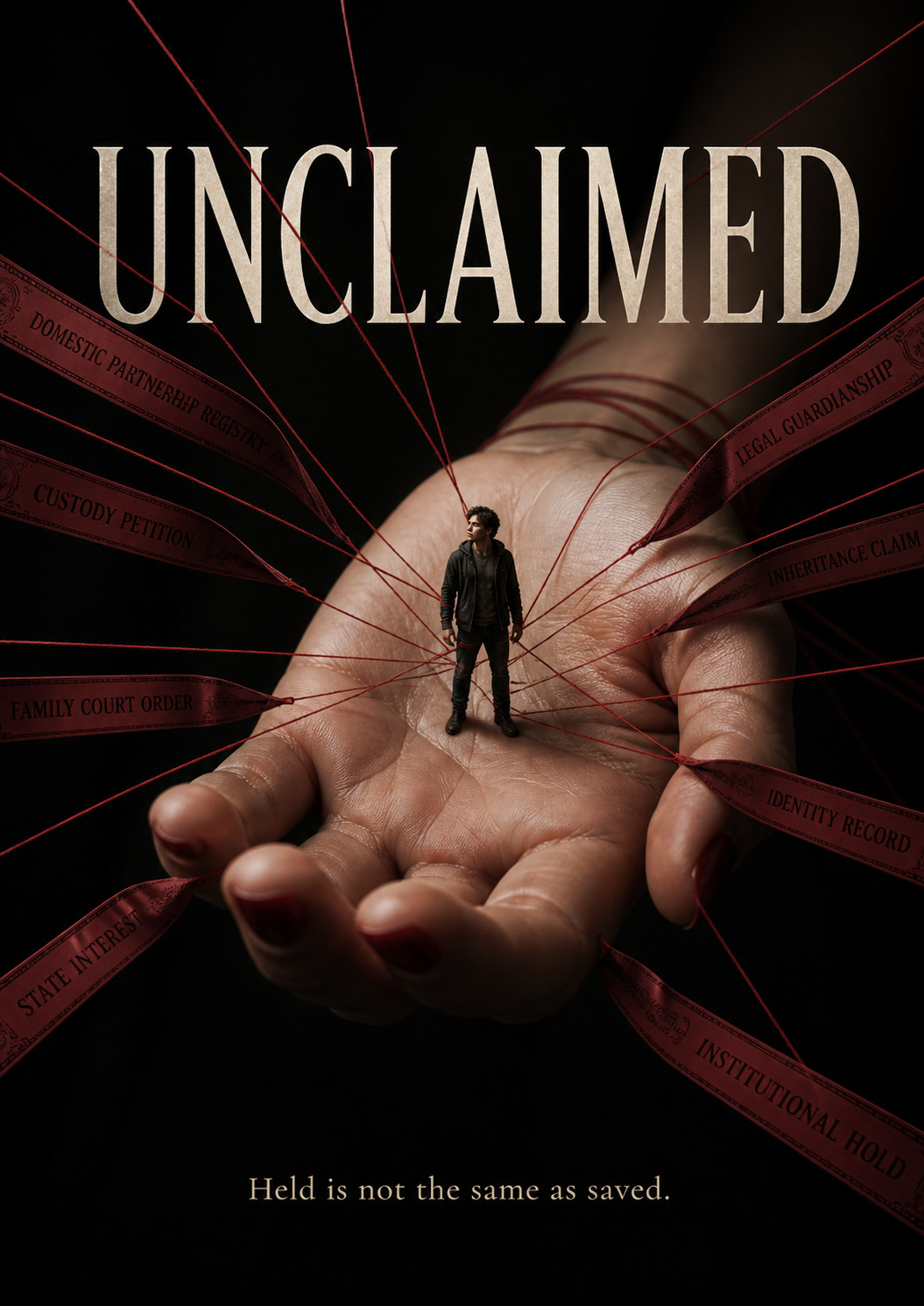 Cover of Unclaimed: a small figure standing in an open palm wrapped with red threads labeled with legal documents.